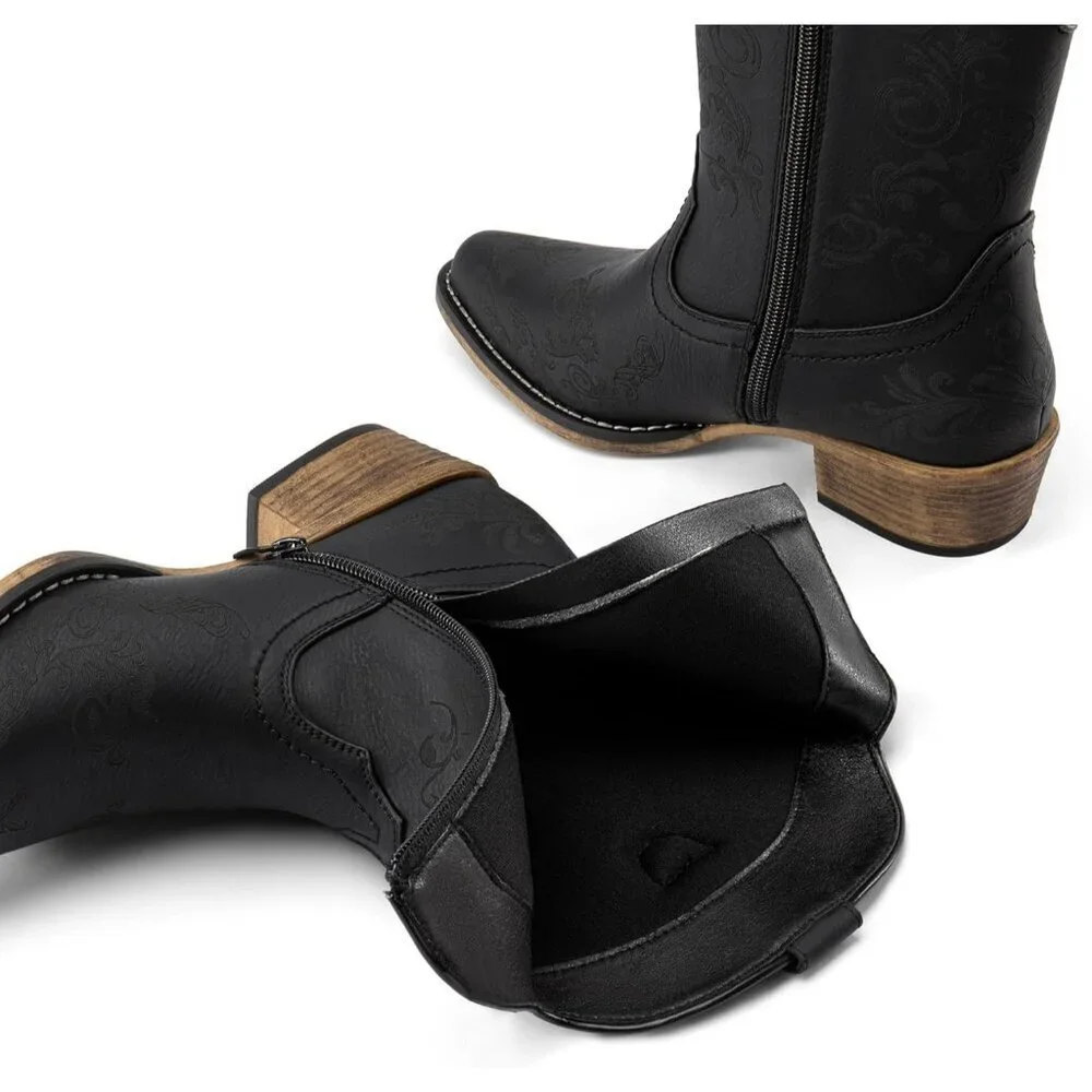 Womens Black Western Cowboy Cowgirl Ankle Boots Low Chunky Heels Square Toe - Picture 2 of 7